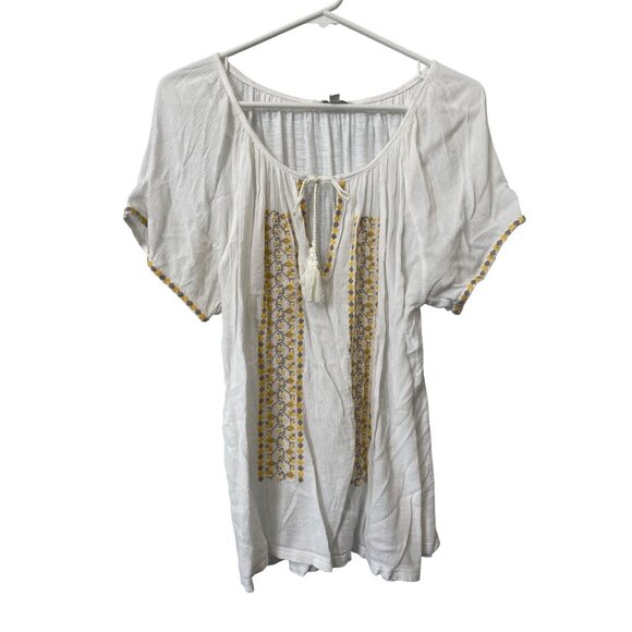 Lucky Brand Blouse Size Large Short Sleeve Tassel Tie Embroidered Peasant Boho - Picture 1 of 7
